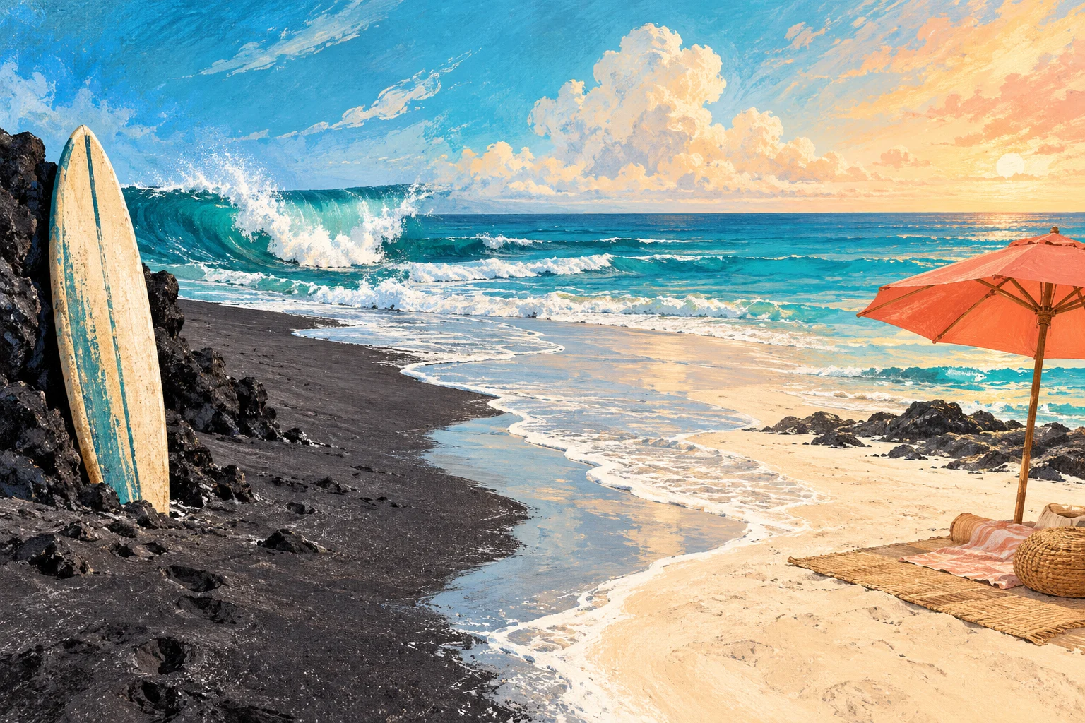 Conceptual comparison of different beach-day moods (AI-generated illustration)