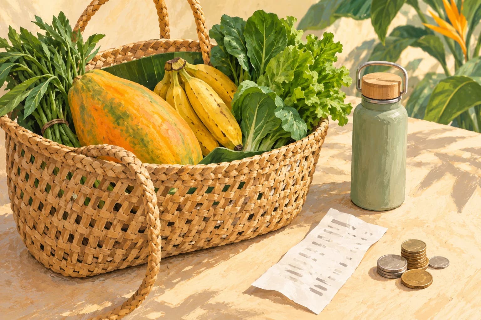 Groceries and everyday supplies in a market basket (AI-generated illustration)