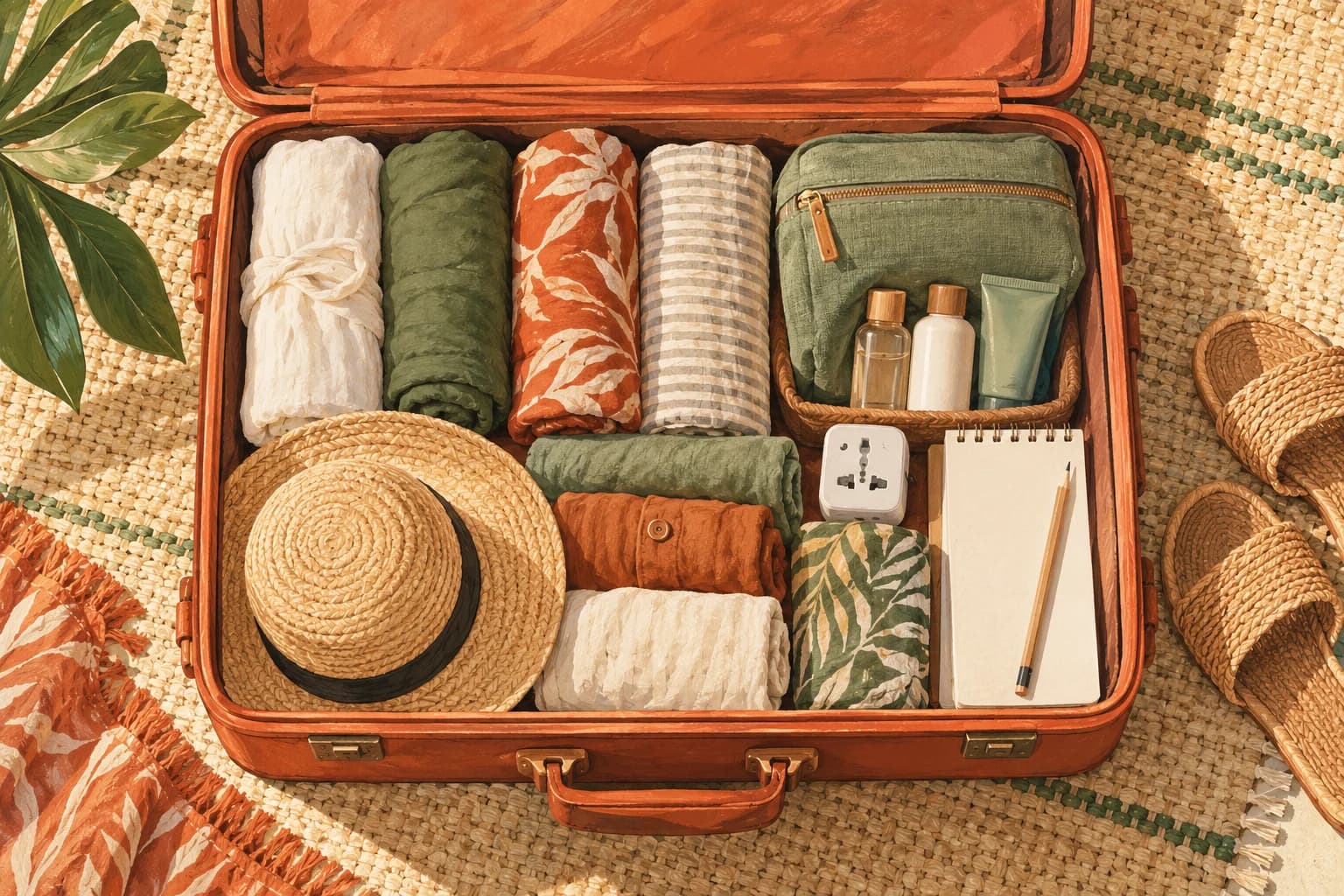 Suitcase organized for a first tropical trip (AI-generated illustration)